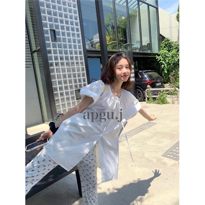 มาใหม่พร้อมส่ง💓(DP010) Fuu tops dress เสื้อกึ่งเดรส แขนพอง ผูกโบว์ สีขาว สไตล์เกาหลี