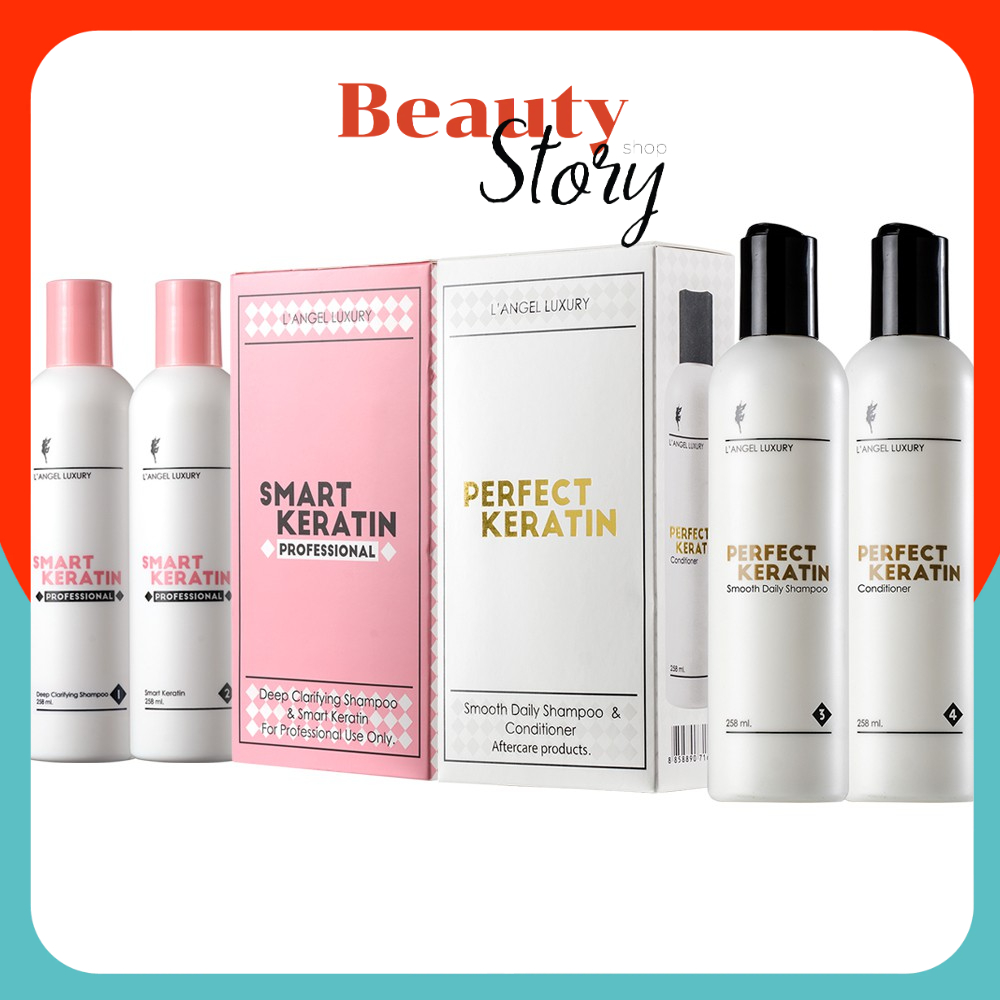 ชุดset L'ANGEL Smart + Perfect Keratin เซ็ท แอลแองเจล เคราติน (กล่องชมพู+ขาว) แชมพู+ทรีทเม้นท์ ยืดเคราติน 258ml.x4ขวด