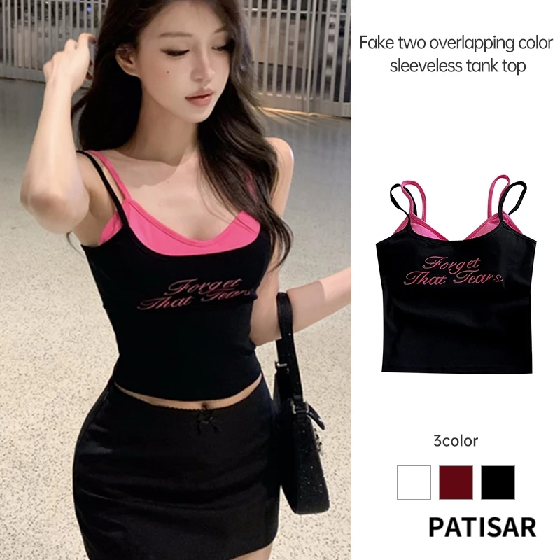 สาวร้อน Camisole Letter พิมพ์เสื้อแขนกุดผู้หญิง Slim FITTING ปลอม 2 ชิ้นเสื้อกั๊ก PR