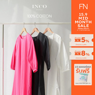 INCO Women เดรสสั้น แขนจั๊ม คอกลม แขนสามส่วน ผ้า cotton 100%