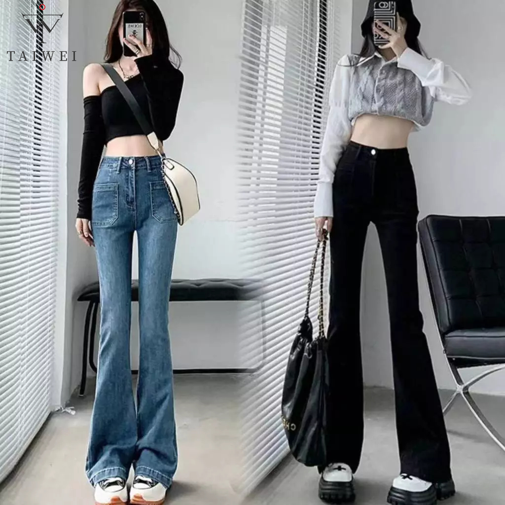 TAIWEI กางเกงยีนส์ผู้หญิง กางเกงผ้ายืด ทรงขาม้า เอวสูง แต่งกระเป๋าหน้าเก๋ๆ ทรงสลิม #312