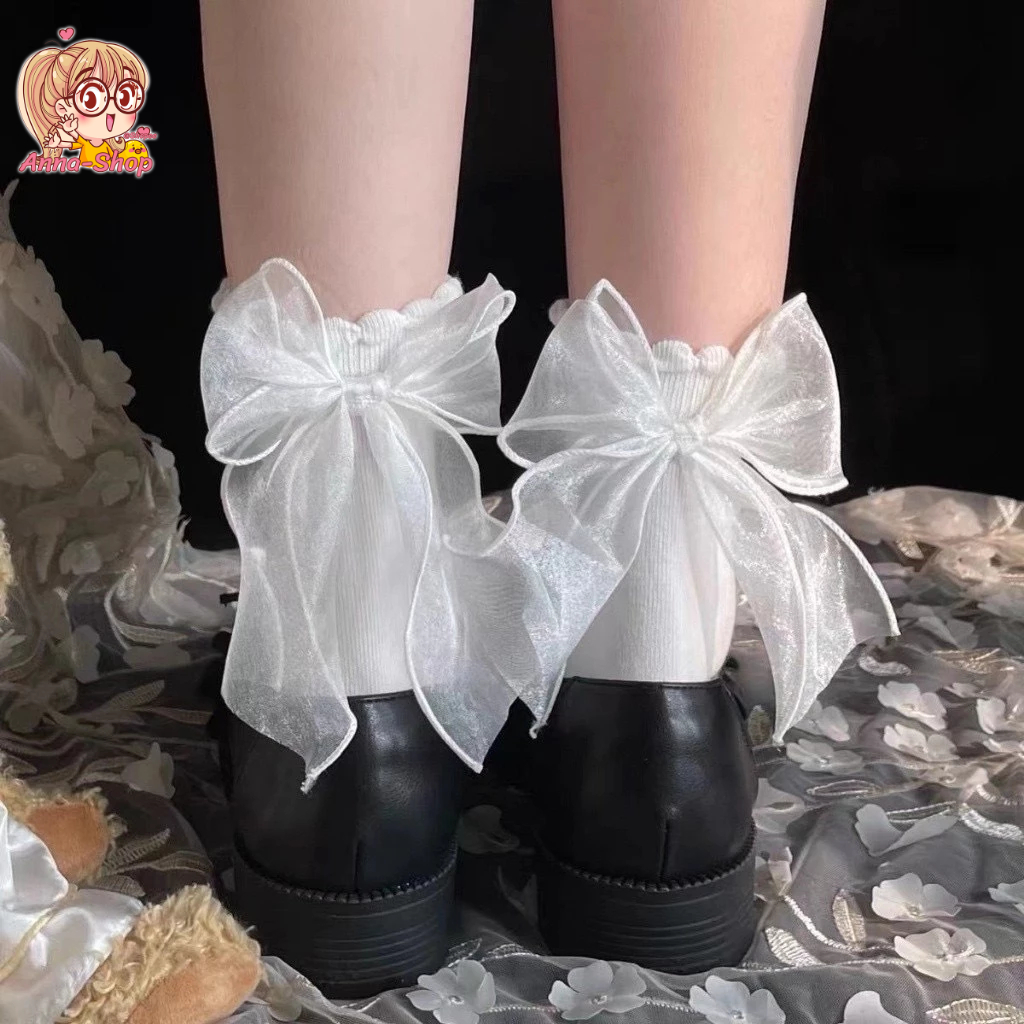 Anna Shop ถุงเท้าผู้หญิง โลลิต้าญี่ปุ่น ตกแต่งโบว์ น่ารัก ถุงเท้าแฟชั่น สีพื้น พร้อมส่ง S50