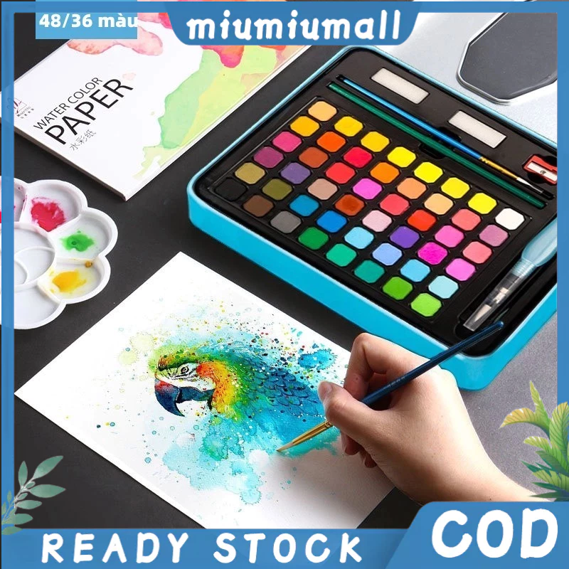 【COD】48 สี บบพกพาสีน้ำสีเม็ดสีแข็งวาดชุดพ Watercolor สีน้ำเซ็ทใหญ่ 48/36 สี ชุดสีน้ำกล่องเหล็กโลหะ พร้อมพู่กัน พู่กันแ