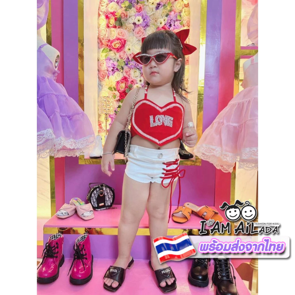 KS28/ พร้อมส่ง ชุดเด็กผู้หญิง/เสื้อหัวใจแดง คล้องคอสุดแซ่บ+กางเกงขาสั้นสีขาว