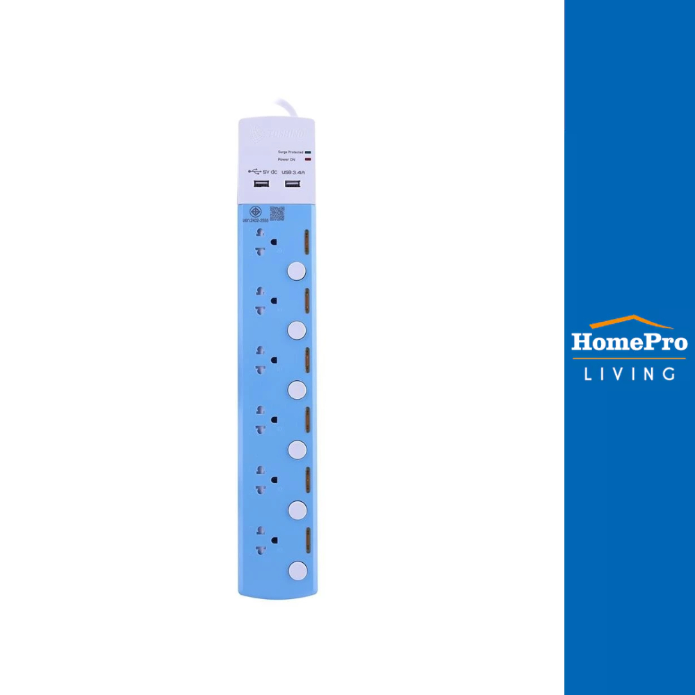 TOSHINO รางปลั๊กไฟ 6 ช่อง 6 สวิตช์ 2 USB TSP-6T 3 ม. จัดส่งโดย HomePro