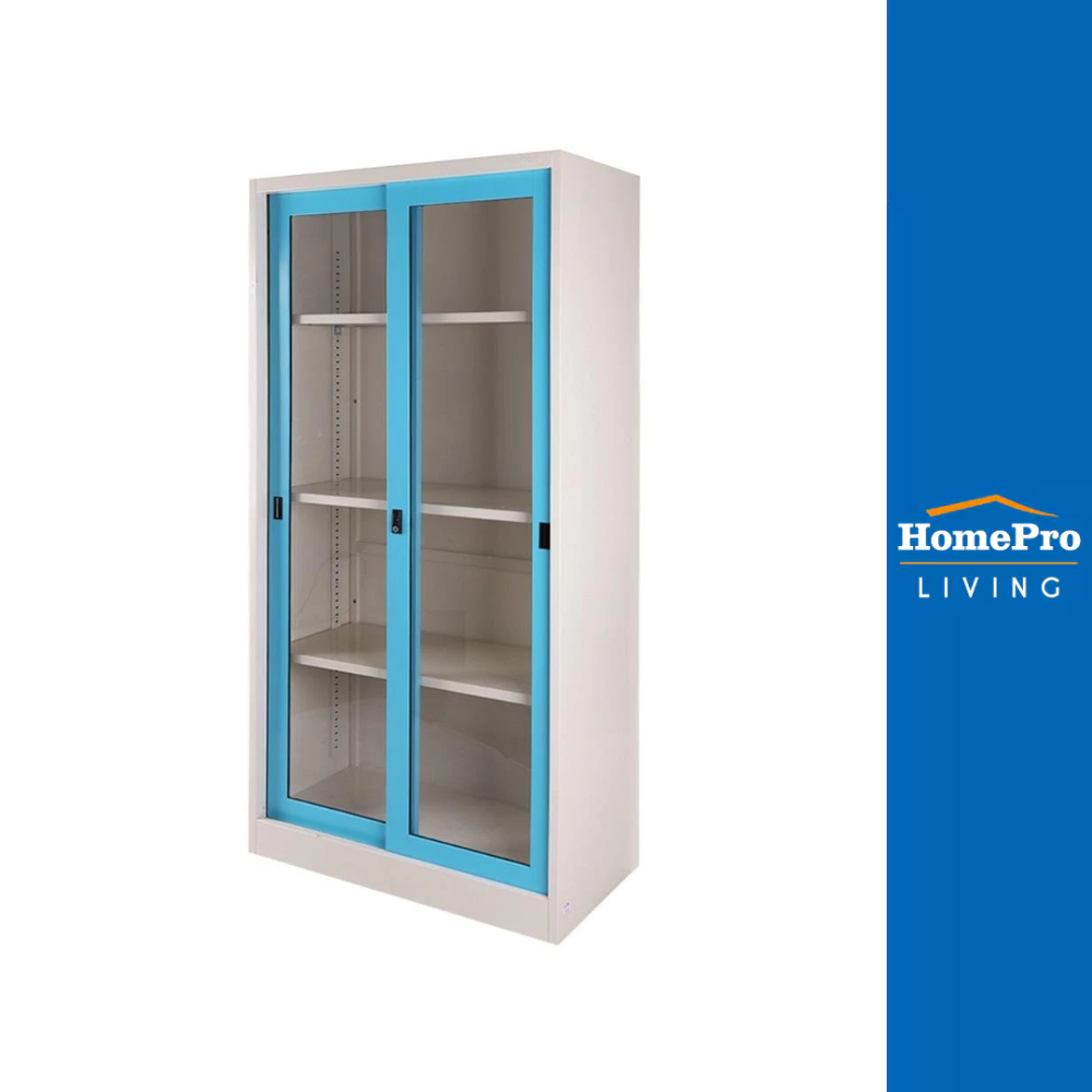 [จัดส่งพร้อมประกอบ] HomePro ตู้เหล็กสูงบานเลื่อนกระจก SGD-18 สีฟ้า แบรนด์ KIOSK