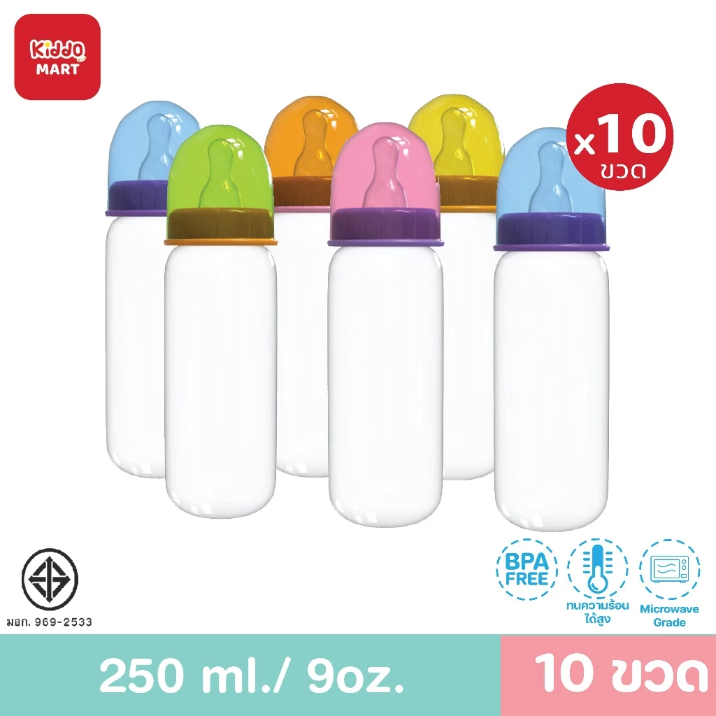 ใหม่ 10ขวด ขวดนมมินิมอล 5และ 9ออนซ์ แบบฝาสี สวยงาม น่ารัก สะอาดตา ขวดนมเด็ก ขวดนมคอแคบ มีจุกทุกขวด