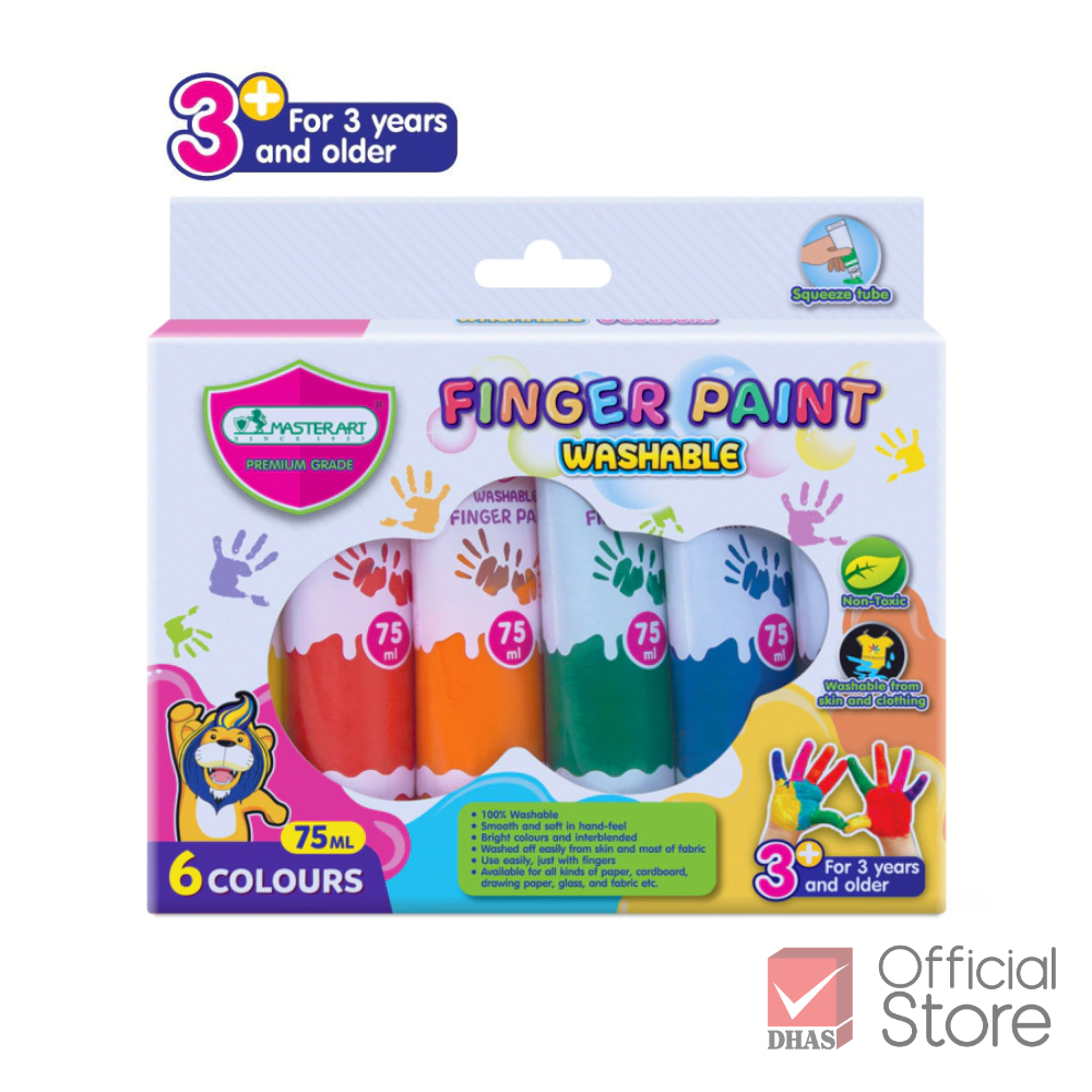 Master Art สีทามือ ฟิงเกอร์เพ้นท์ สีปลอดสารพิษสำหรับเด็ก ชนิดหลอดบีบ 75 ml. 6 สี เสริมพัฒนาการเด็กวัย 3 ขวบขึ้นไป