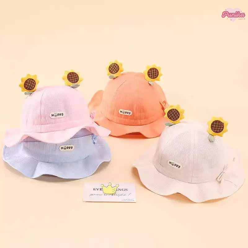 [พร้อมส่ง] หมวกเด็ก 4เดือน-2ปี รอบหัว:46-48 cm. หมวกปีกรอบสาวน้อย ติดดอกทานตะวัน ผูกโบว์ด้านข้าง หมวกแฟชั่นเด็ก
