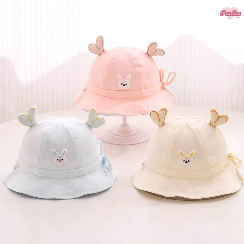[พร้อมส่ง] หมวกเด็ก 1เดือน-12เดือน รอบหัว:44-46 cm. หมวกปีกรอบเด็กผู้หญิง ผ้าฝ้ายปักลายกระต่าย ผูกโบว์ข้าง