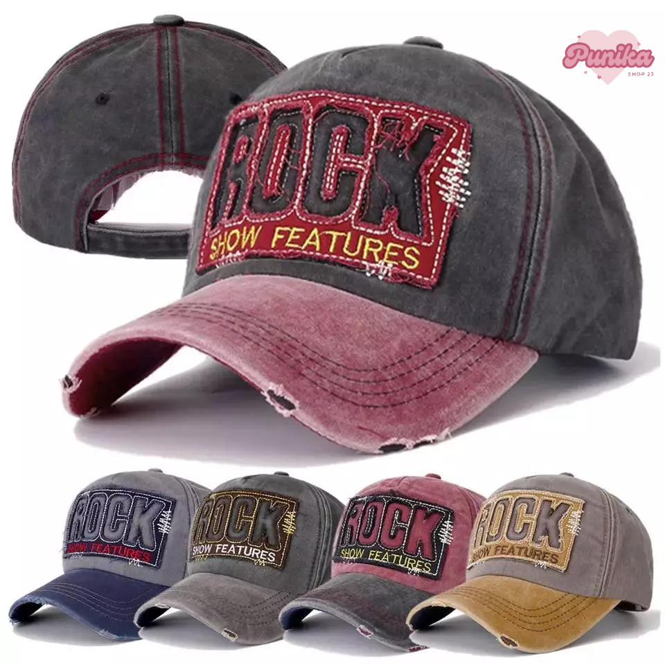 [พร้อมส่ง] หมวกแก็ป (Cap) สำหรับผู้ใหญ่ รอบหัว:56-60 cm. หมวกแก๊ปงานผ้าฟอกเฟดสไตล์วินเทจ ปักอักษร ROCK หมวกแฟชั่น