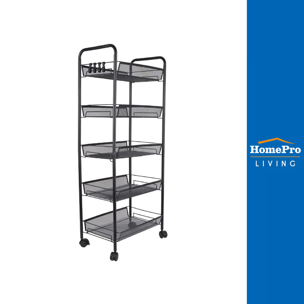 HomePro ชั้นวาง 5 ชั้น พร้อมขอแขวน มีล้อ IVY 45x26x106 ซม. สีดำ แบรนด์ STACKO