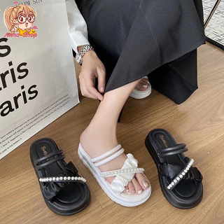 Anna shop รองเท้าแตะแฟชั่น ตกแต่งไข่มุกคาดสวย ใส่แล้วสวย สไตล์เกาหลี มินิมอล พร้อมส่งในไทย T293