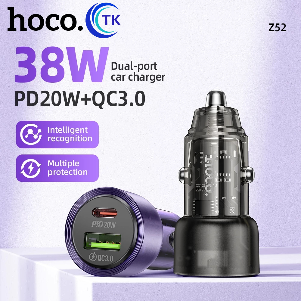 Hoco Z52 หัวชาร์จในรถ ที่ชาร์จจุดบุหรี่ในรถ PD38W+QC 3.0 Car Chaeger หัวชาร์จรถ 2 ช่อง / Type-C+USB แท้100%
