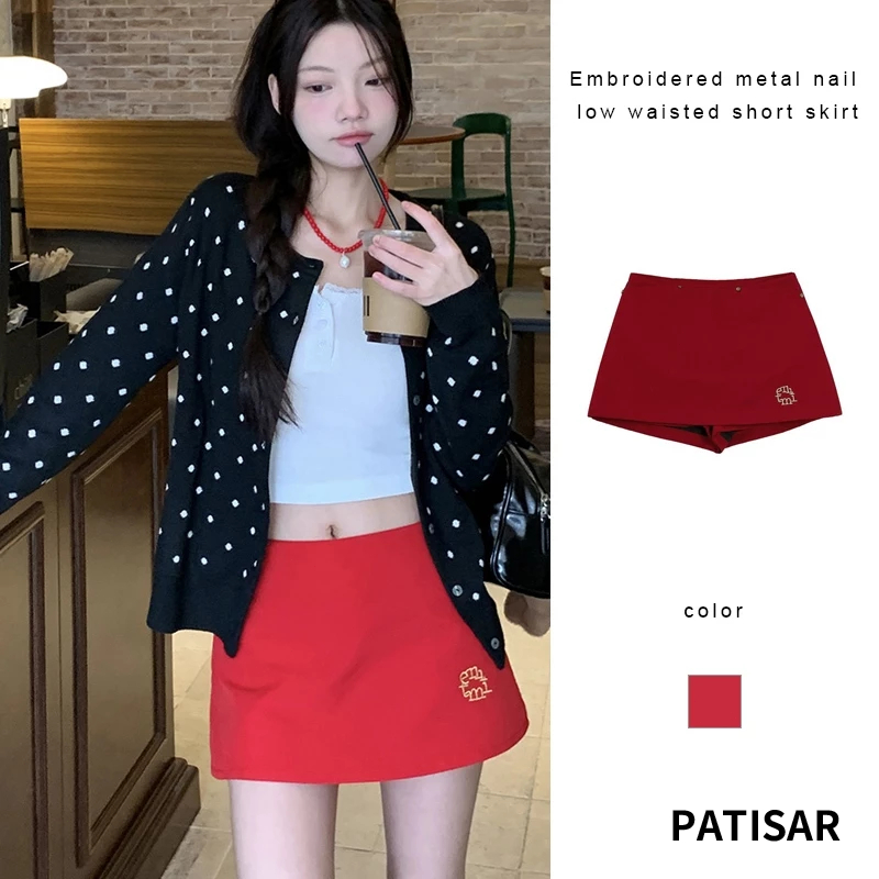 ปักเล็บโลหะต่ำเอวกระโปรงสั้น Retro A-Line กระโปรงสั้นหวานเซ็กซี่กระโปรงสั้น PR