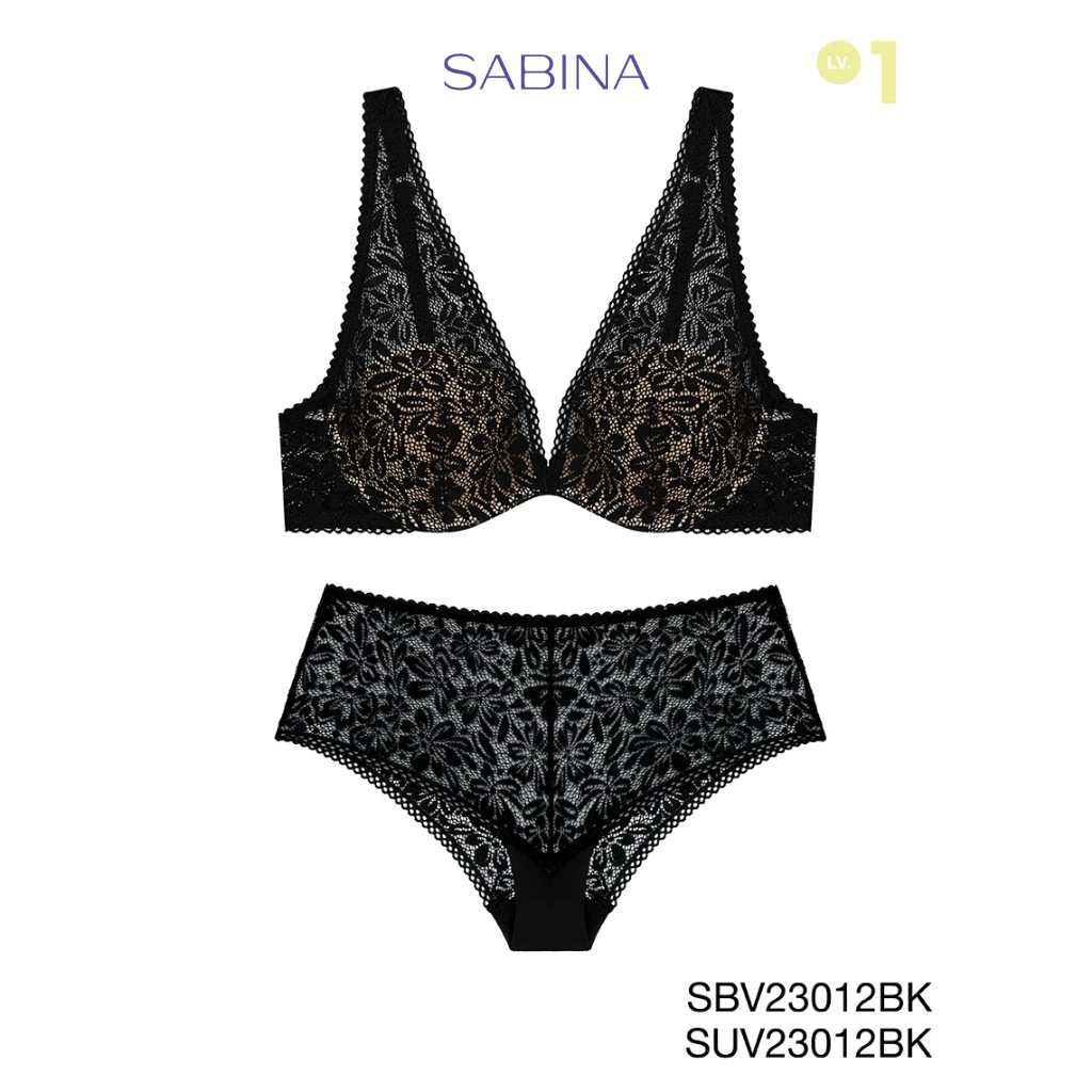 Sabina เซตชุดชั้นใน Mad Moiselle Basic Lace Winter 23 เสื้อชั้นในไร้โครง รหัส SBV23012BK+SUV23012BK สีดำ