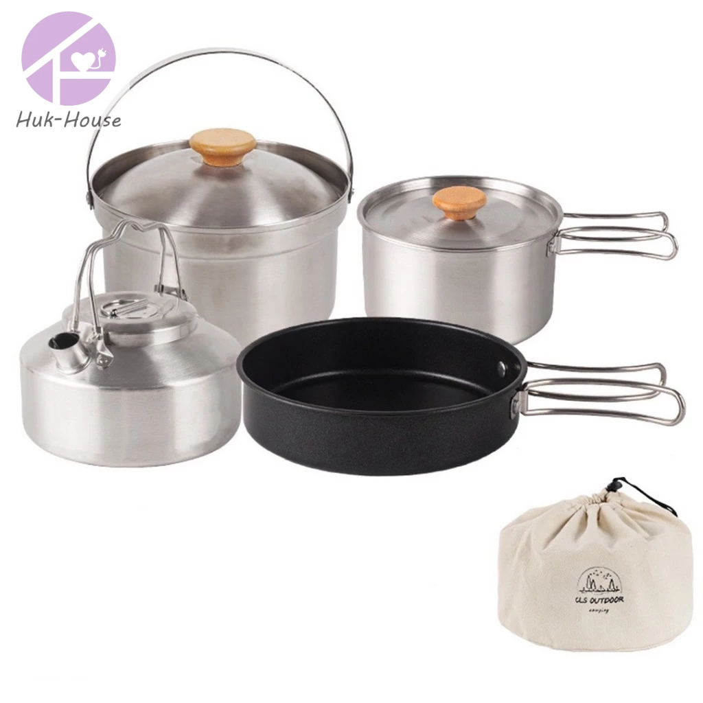 hukhouse ชุดหม้อ CLS สแตนเลส 304 หม้อ กระทะ กาต้มน้ํา ไม่เป็นสนิม น้ำหนักเบา Set 4 ชิ้น