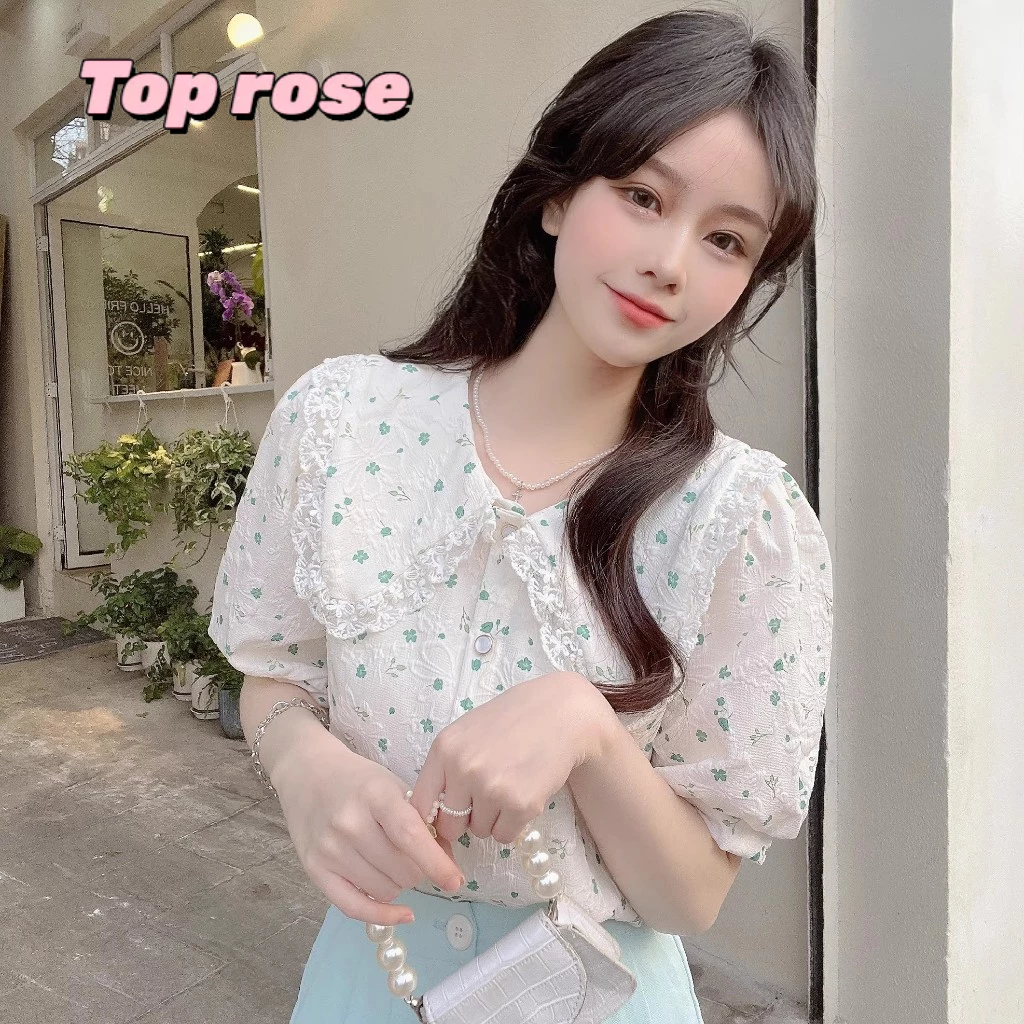 Top Rose เสื้อเบลาส์ผู้หญิง ลายดอกไม้ แต่งระบาย ทรงหยดน้ำ สไตล์ลำลอง 2024 New JULY071602