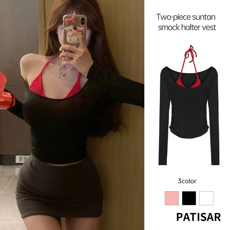 เสื้อยืดจีบผู้หญิงออกแบบความรู้สึกคอแขวนด้านบนบางสมอคยกทรงชุด 2 ชิ้น PR