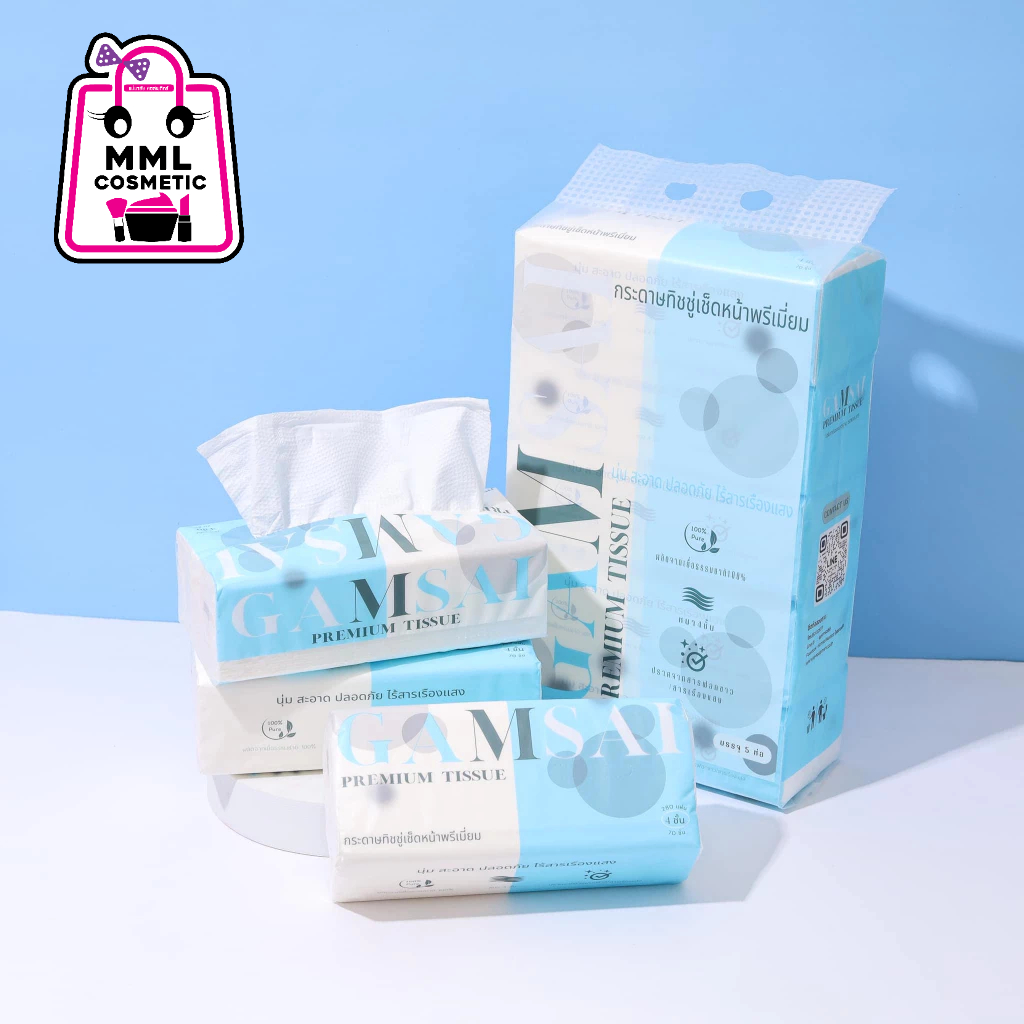 GAMSAI แก้มใส กระดาษทิชชู่เช็ดหน้า รุ่น PREMIUM TISSUE หนา4ชั้น 1 หิ้ว บรรจุ 5ห่อ