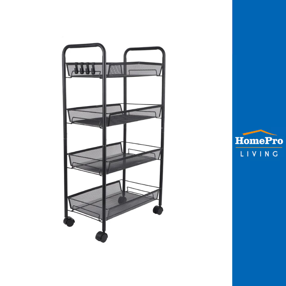 HomePro ชั้นวาง 4 ชั้น พร้อมขอแขวน มีล้อ IVY 45x26x85 ซม. สีดำ แบรนด์ STACKO