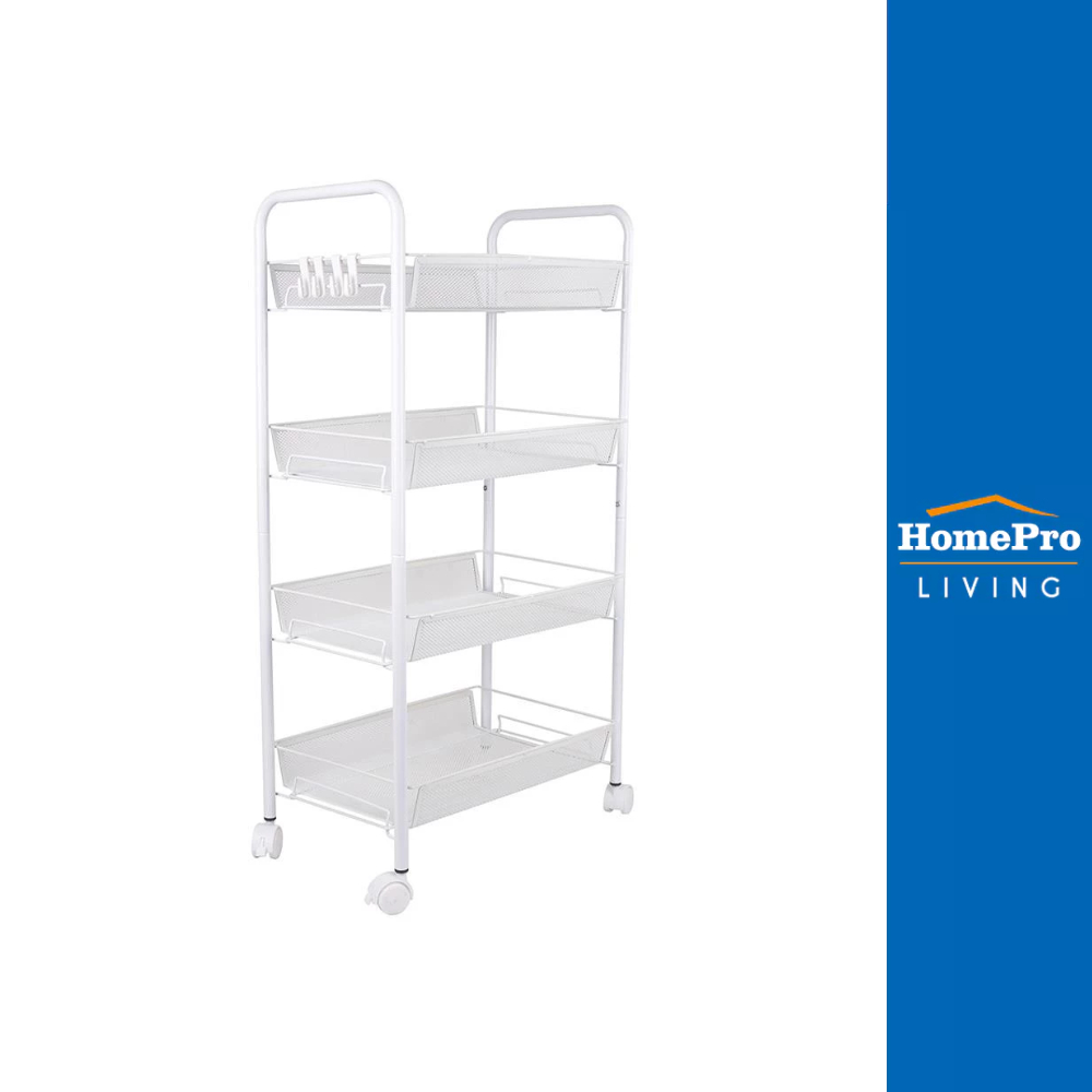 HomePro ชั้นวาง 4 ชั้น พร้อมขอแขวน มีล้อ IVY 45x26x85 ซม. สีขาว แบรนด์ STACKO