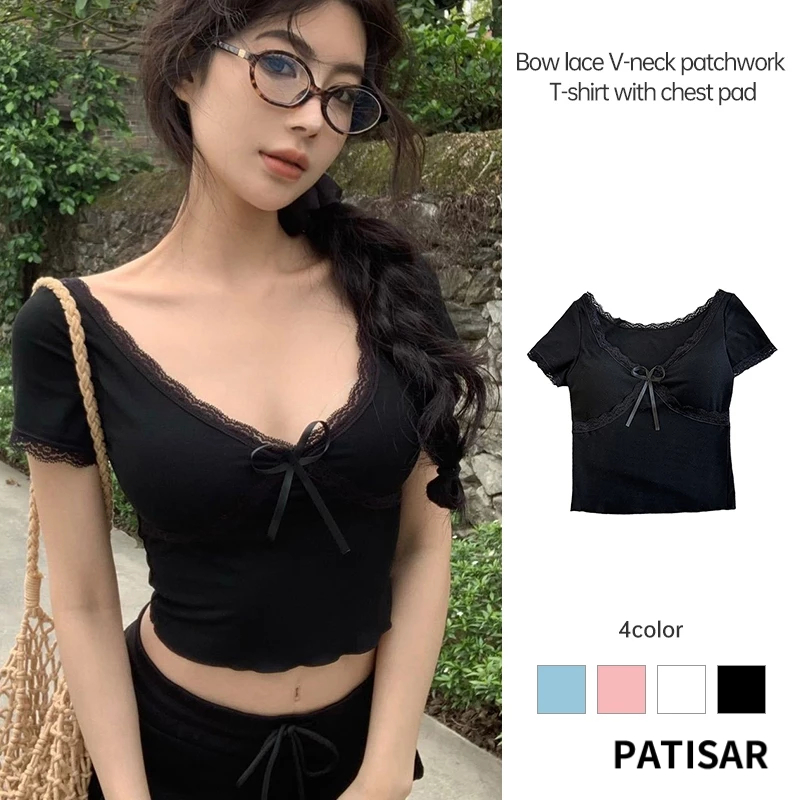 เสื้อครอปแขนสั้น ดีเทลโบว์ ขอบลูกไม้ มีฟองน้ำในตัว PR