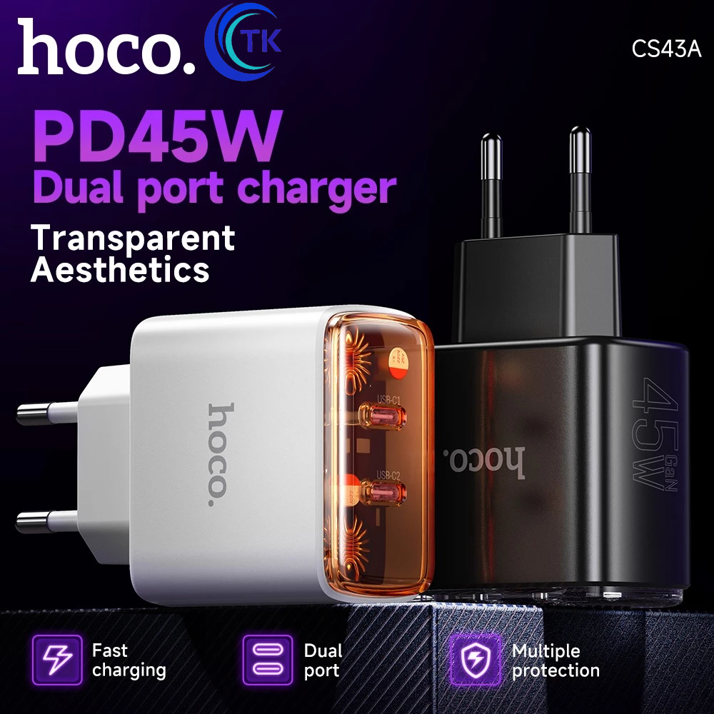 ใหม่!! HOCO CS43A เซ็ทชุดชาร์จ Type-c to Type-c Fast Charger PD45W 2ช่อง Type-c 1ช่องEU Adapter พร้อมส่ง (ของแท้100%)