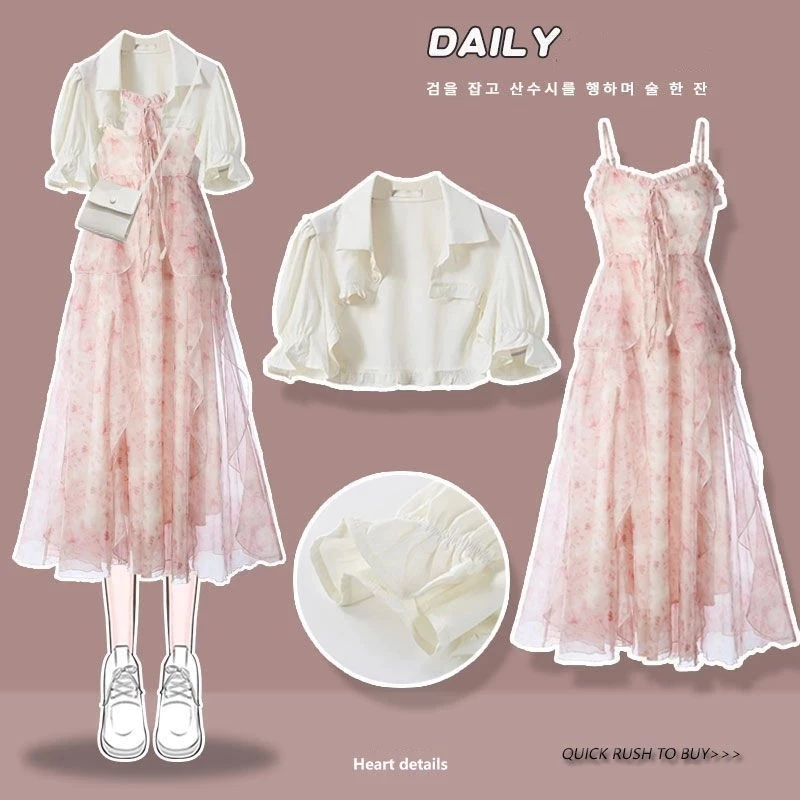 แฟนตาซี:🎀ชุดเซท2ชิ้น เสื้อครอปท็อป+เดรสยาวสายเดี่ยว สีหวาน น่ารักมากก แฟชั่นสไตล์เกาหลี ผ้านิ่มมาก ใส่สวยดูแพงทันที