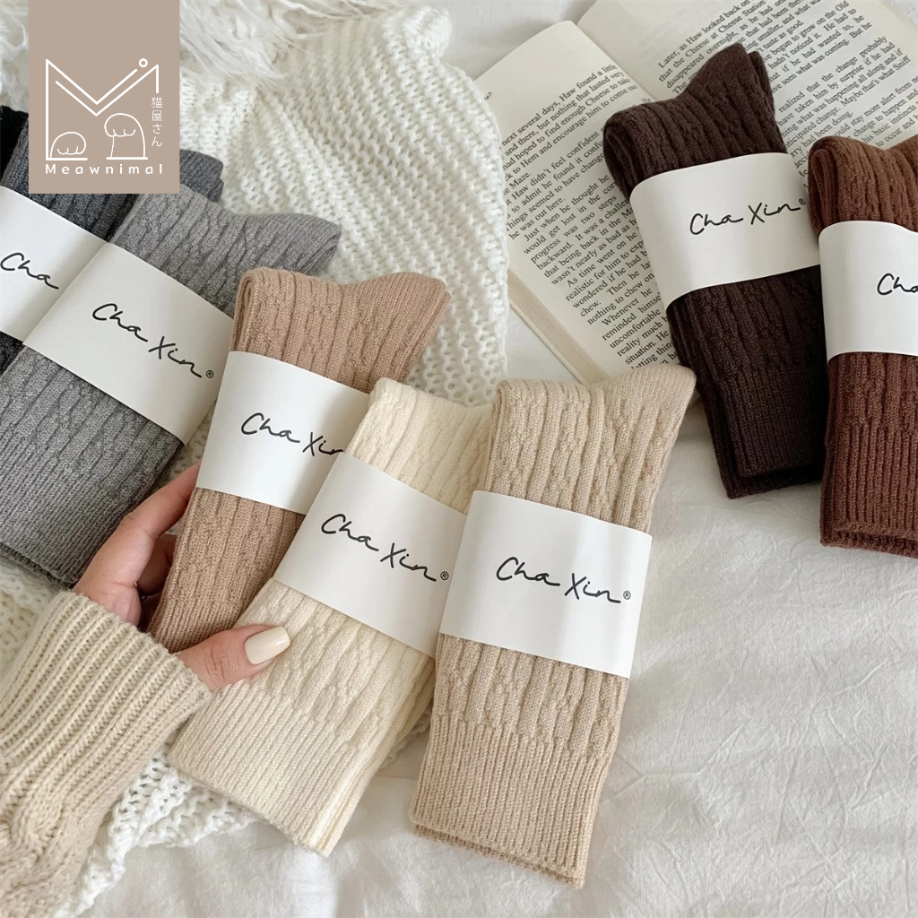 ถุงเท้าข้อยาวกันหนาว สีเอิร์ธโทน มินิมอล ผ้ายืด ใส่สบาย size 36–42 [Meawnimal]