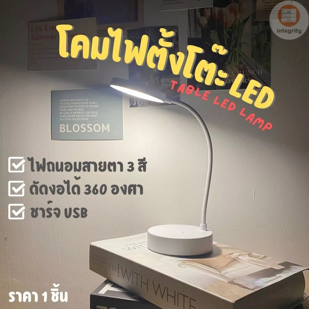 ไฟอ่านหนังสือ ไฟ LED ตั้งโต๊ะ สไตล์มินิมอล ปรับไฟได้ 3 ระดับ ดัดงอได้ 360 องศา แถม สายชาร์จ+หัวชาร์จ พร้อมส่ง!!!
