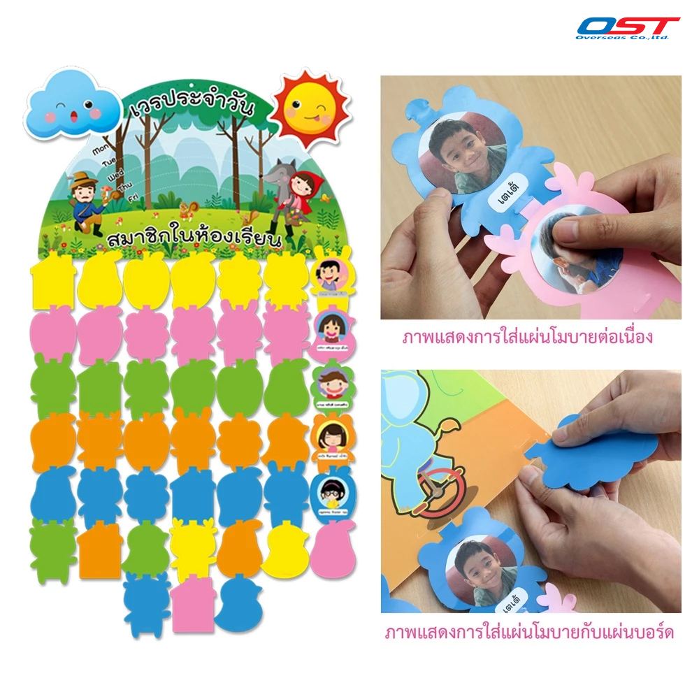 บอร์ดสมาชิกในห้องเรียน-บอร์ดเวรประจำวัน พร้อมโมบาย 45 ชิ้น (ขนาด 29x50 cm) ผลิตจากพลาสติกสีสดใส ทนทาน ขาดยาก