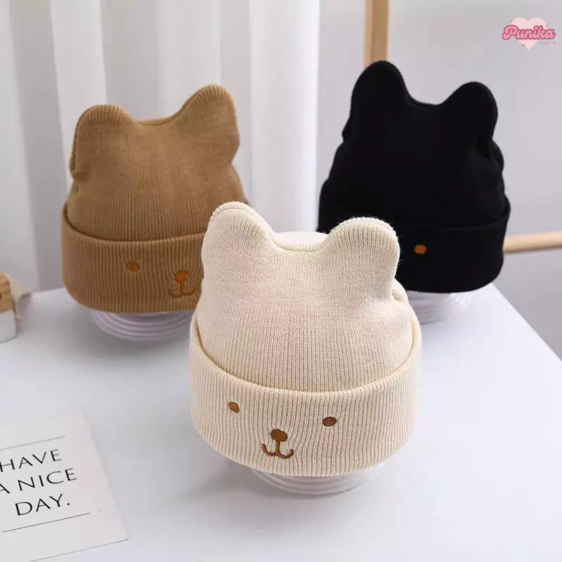 [พร้อมส่ง] หมวกไหมพรมกันหนาวสำหรับเด็กแรกเกิด - 12เดือน รอบหัว:38-46 cm. หมวกไหมพับขอบ ปักลายหมีน้อยน่ารักๆ