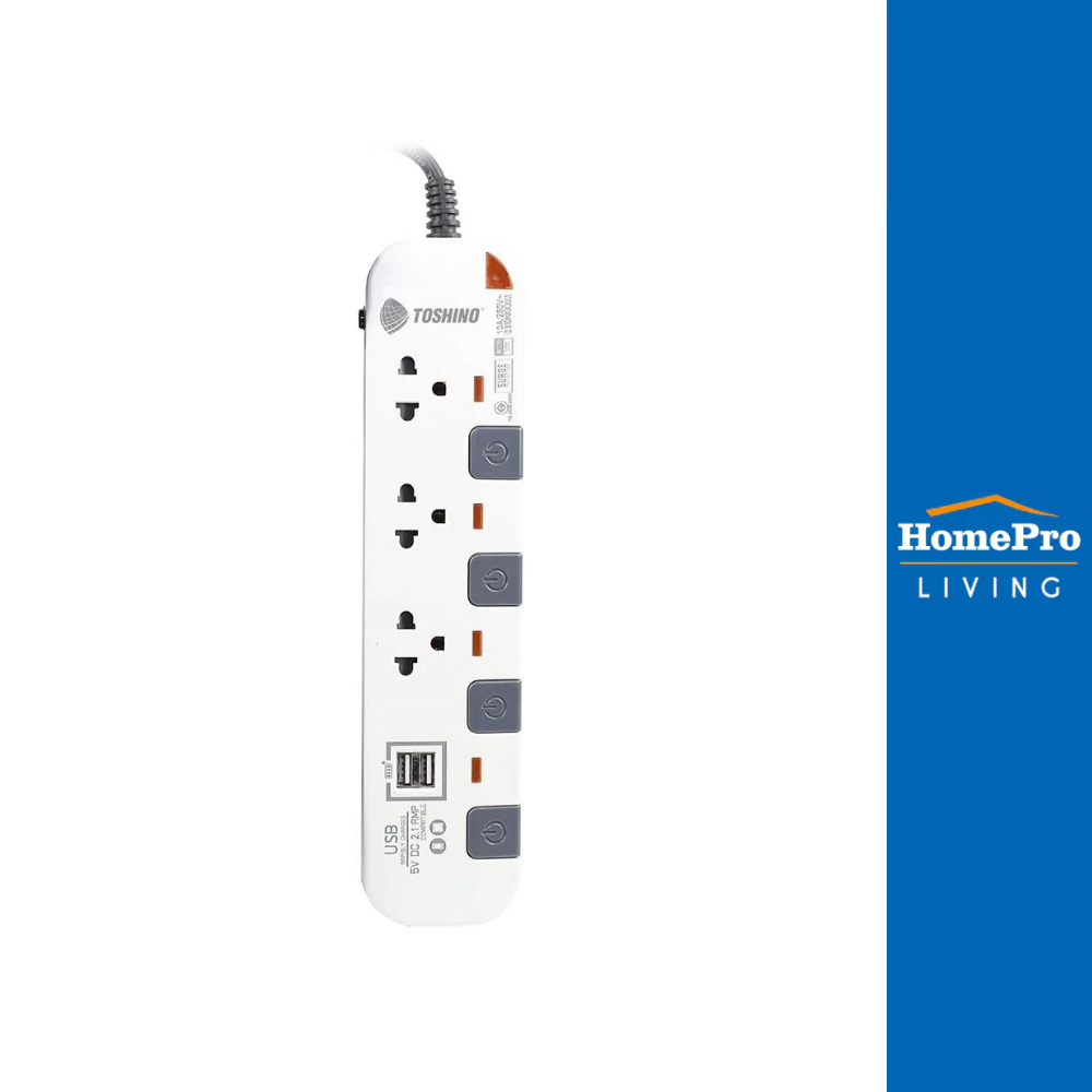 TOSHINO รางปลั๊กไฟ 3 ช่อง 4 สวิตซ์ 2 USB P3375USB WG 5 ม. สีขาว-เทา