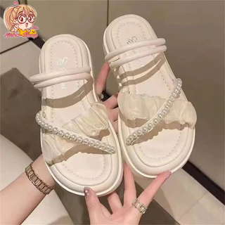 Anna shop รองเท้าแตะแฟชั่น ตกแต่งไข่มุกคาดสวย ใส่แล้วสวย สไตล์เกาหลี มินิมอล พร้อมส่งในไทย T293