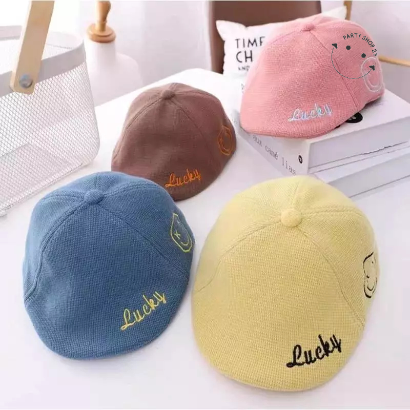 หมวกติงลี่สำหรับเด็ก 10 เดือนถึง 3 ปี รอบหัว 48-50 ซม. หมวกแก๊ปผ้าลูกฟูกปักอักษร Lucky หมวกแฟชั่นเด็ก สามารถปรับขนาดได้