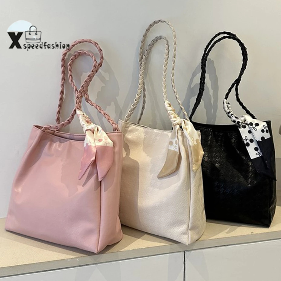 xspeedfashion(X1930) กระเป๋าหนังPUสะพายไหล่มีผ้าพูกโบว์