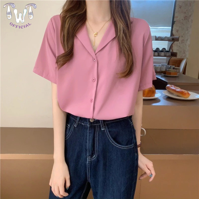 เสื้อเชิ้ตเกาหลี แขนสั้น สีพื้น มีไซซ์ M L XL XXL ชาย/หญิงใส่ได้ คุณภาพดี ราคาถูก สีชมพู