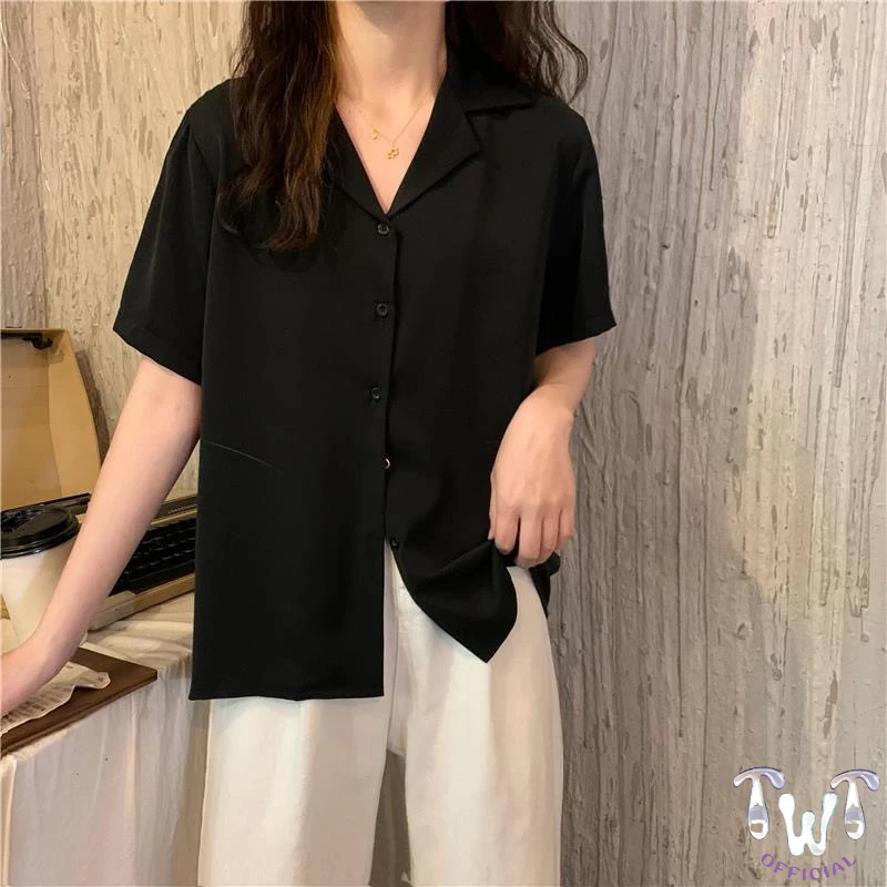 เสื้อเชิ้ต คอปกฮาวาย แขนสั้น S/M/L/XL/2XL สีพื้น unisex oversize สีดำ