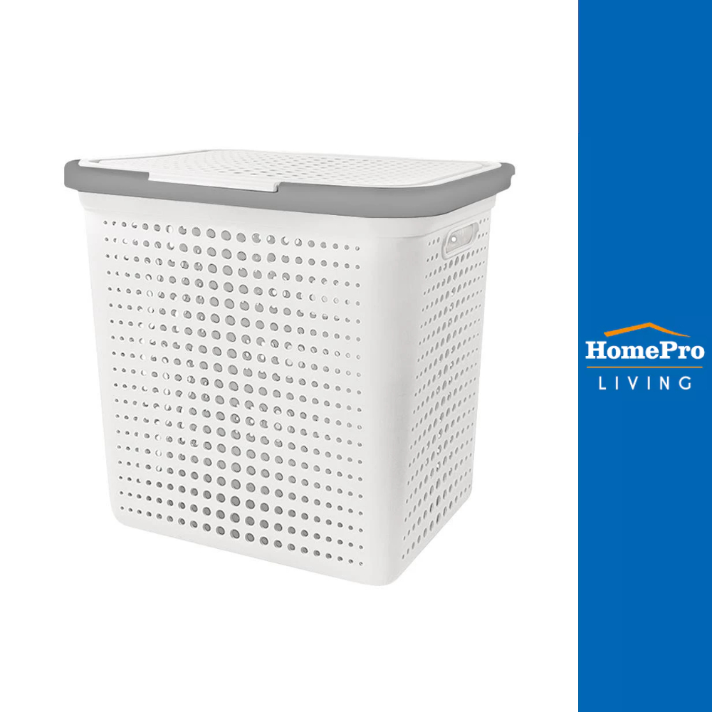 HomePro ตะกร้าผ้าเหลี่ยมมีฝา BUBBLE สีขาว แบรนด์ PLIM