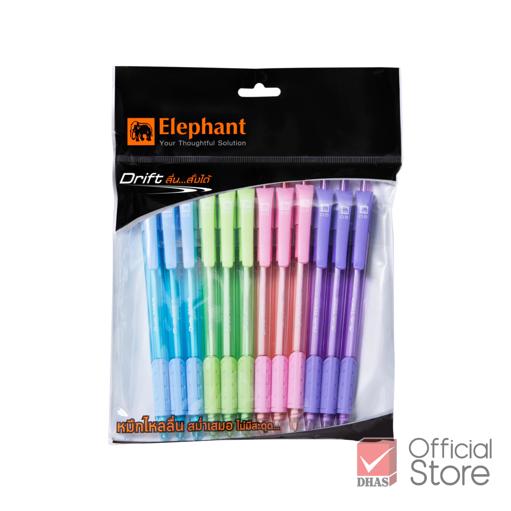 [แพ็ค 12 ด้าม] Elephant ปากกา ปากกาลูกลื่น ดริฟท์ โทริโอะ 0.5 น้ำเงิน คละสี จำนวน 12 ด้าม