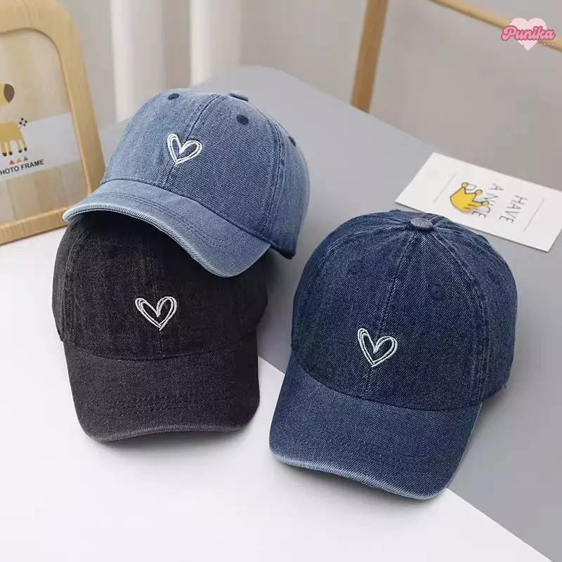 [พร้อมส่ง] หมวกเด็ก 1ปี-5ปี รอบหัว:50-52 cm. หมวกแก๊ป (Cap) ผ้ายีนส์ ปักรูปหัวใจ ด้านหลังปรับลดขนาดได้