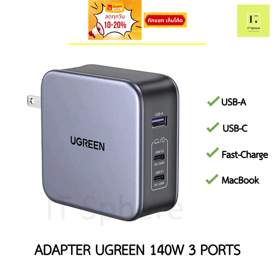 140W UGREEN GaN II Fastcharge Adapter 3 Ports แท้ หัวชาร์จเร็ว PD140W CD226 90548 USB Type C หัวชาร์