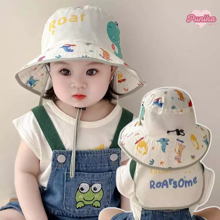 [พร้อมส่ง] หมวกเด็ก 1ปี - 5ปี รอบหัว:50-52 cm. หมวกบักเก็ตกันแดดปิดคอ พิมพ์ลายการ์ตูนไดโนเสาร์ Roar 🦖 หมวกแฟชั่นกันแดด