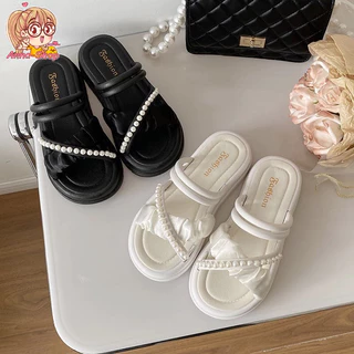 Anna shop รองเท้าแตะแฟชั่น ตกแต่งไข่มุกคาดสวย ใส่แล้วสวย สไตล์เกาหลี มินิมอล พร้อมส่งในไทย T293