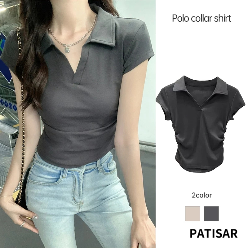 เสื้อยืดแขนสั้นแบบมีจีบคอพับเอว Retraction เสื้อยืดลำลองอเนกประสงค์ด้านบน PR
