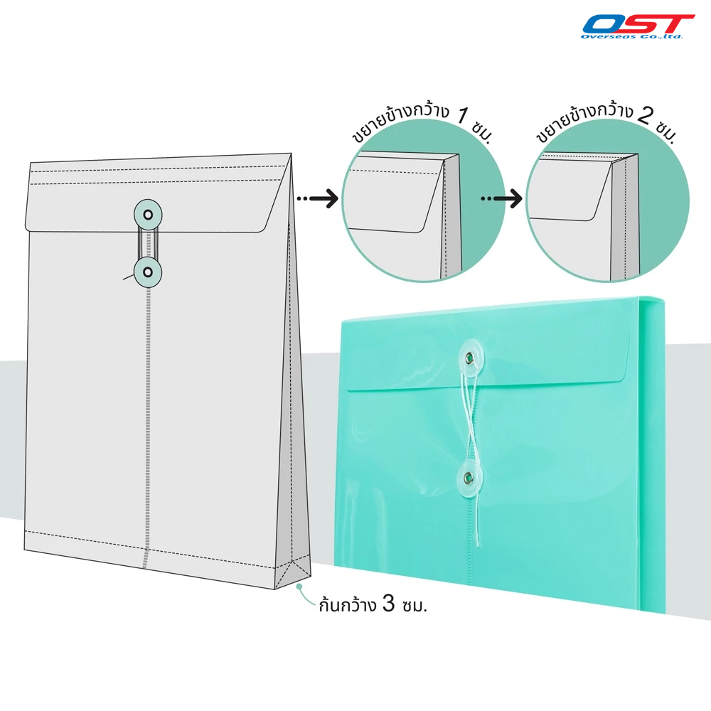 แฟ้มผูกเชือก ขยายข้าง แนวนอน มีหลากหลายสี หลากหลายขนาด A5 A4 B6 และB4 แฟ้มกระเป๋าซองตาไก่ ผลิตจากพลาสติกกันน้ำ - รูปที่ 2