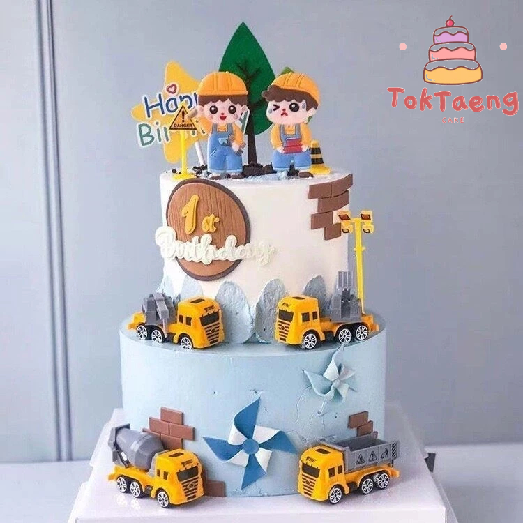 โมเดลรถก่อสร้าง ชุดรถตักดิน ขุดเจาะ​ แม็คโคร​ รถขุุดเจาะ โมเดลป้ายจราจร แต่งเค้ก