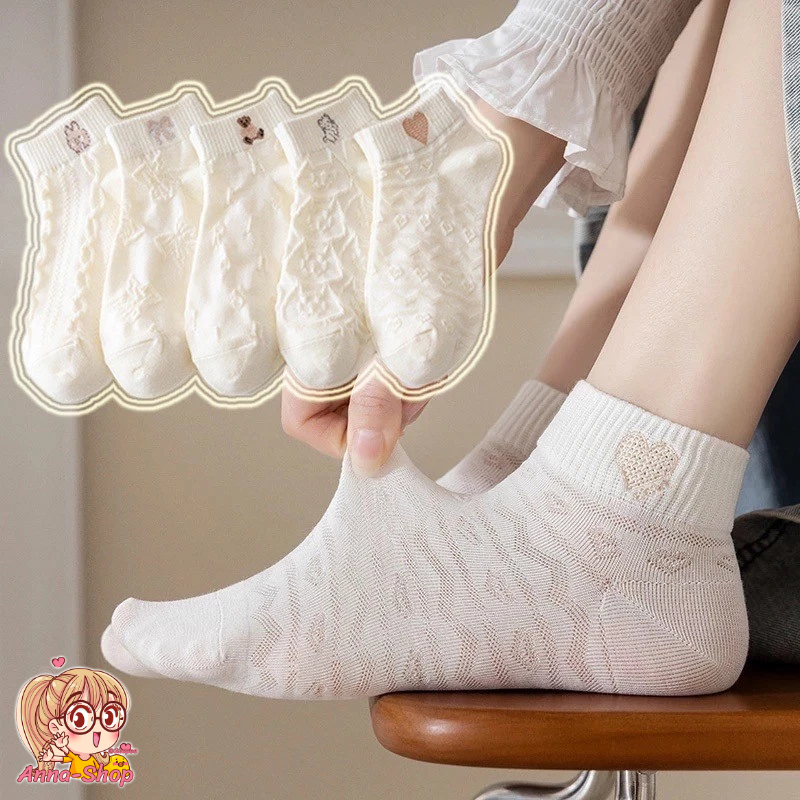 annacny ถุงเท้าข้อสั้น ถุงเท้าวัยรุ่นลายการ์ตูนน่ารัก สีขาว น่ารักสุดคิ้วท์ พร้อมส่งจากไทย S43