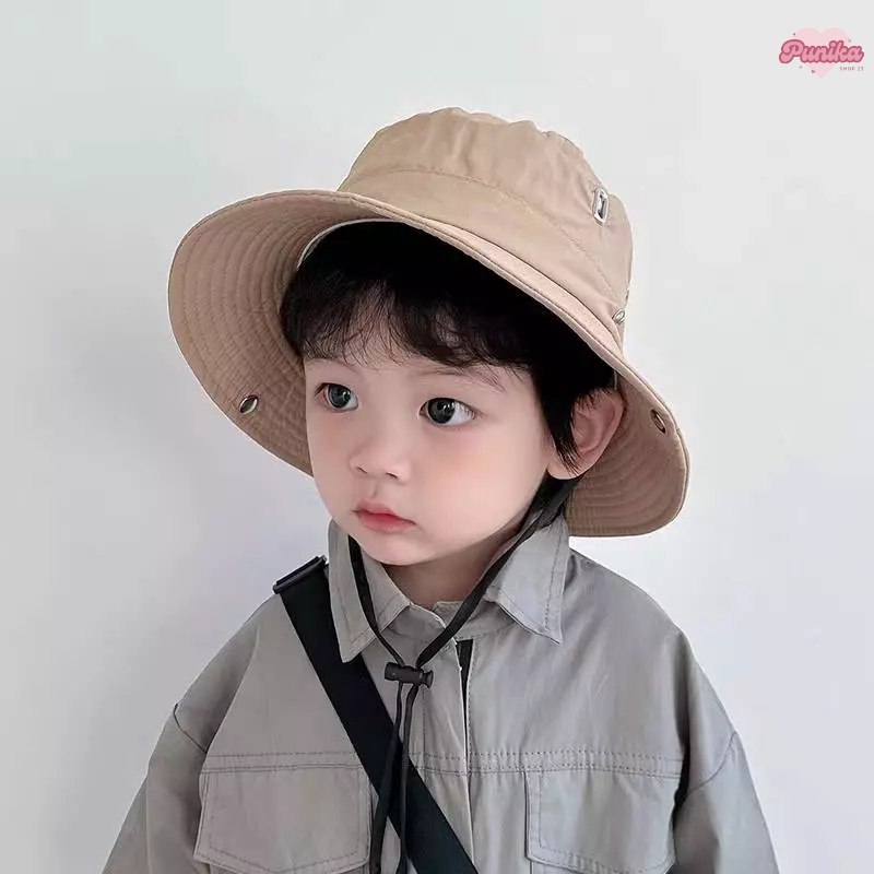 [พร้อมส่ง] หมวกเด็ก 12เดือน-4ปี รอบหัว:49-51 cm. หมวกบักเก็ต (Bucket) ผ้าโพลีเอสเตอร์สีพื้น สไตล์วินเทจ มีสายคล้องใต้คาง